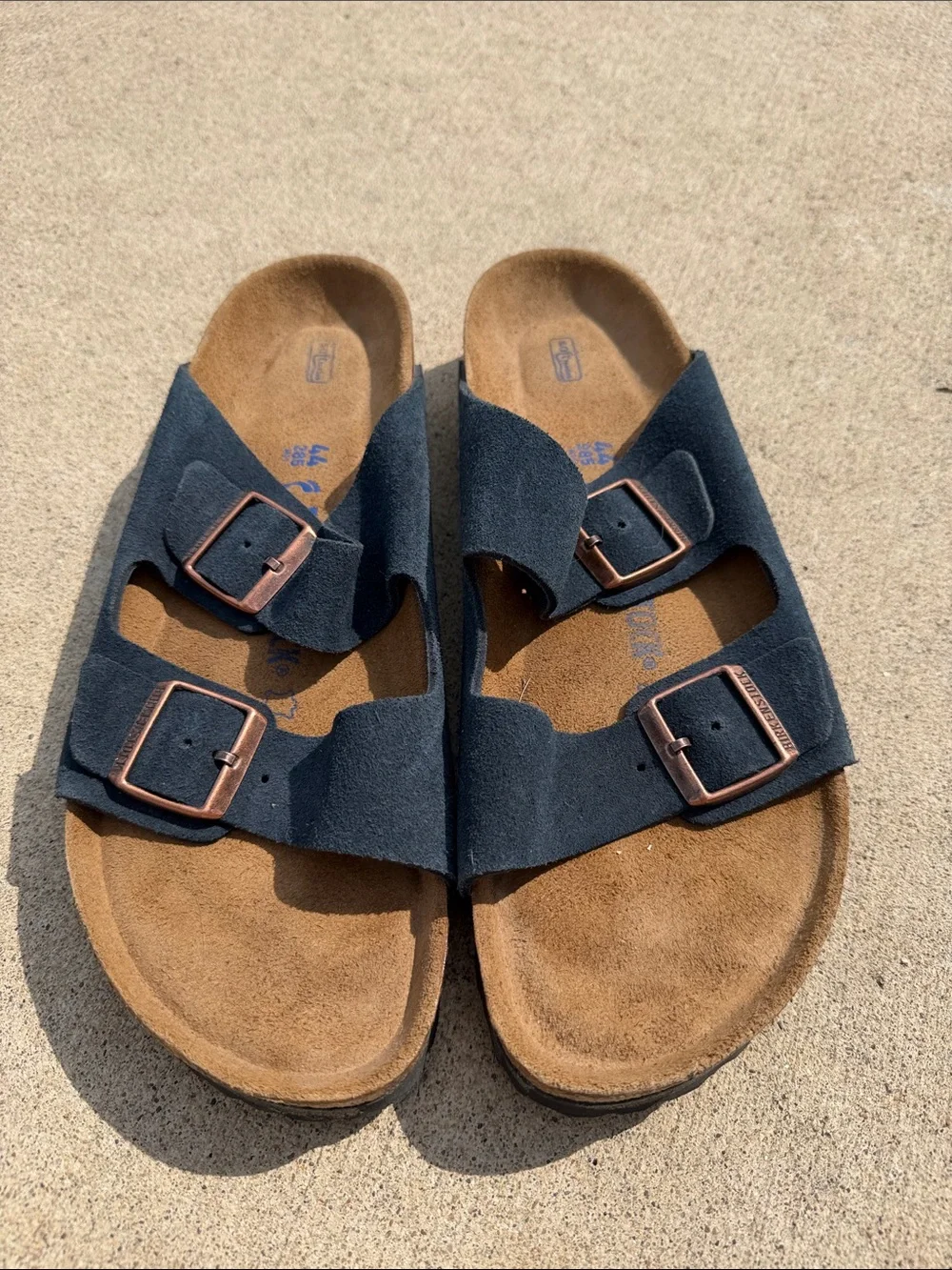 Birkenstock Blue Suede Two-Strap Slide Sandals with Copper Buckles